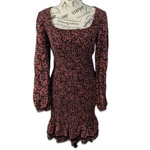 LOST & Wander Anthropologie Stretch Dress Black Pomegranate Red Floral Ruched XS